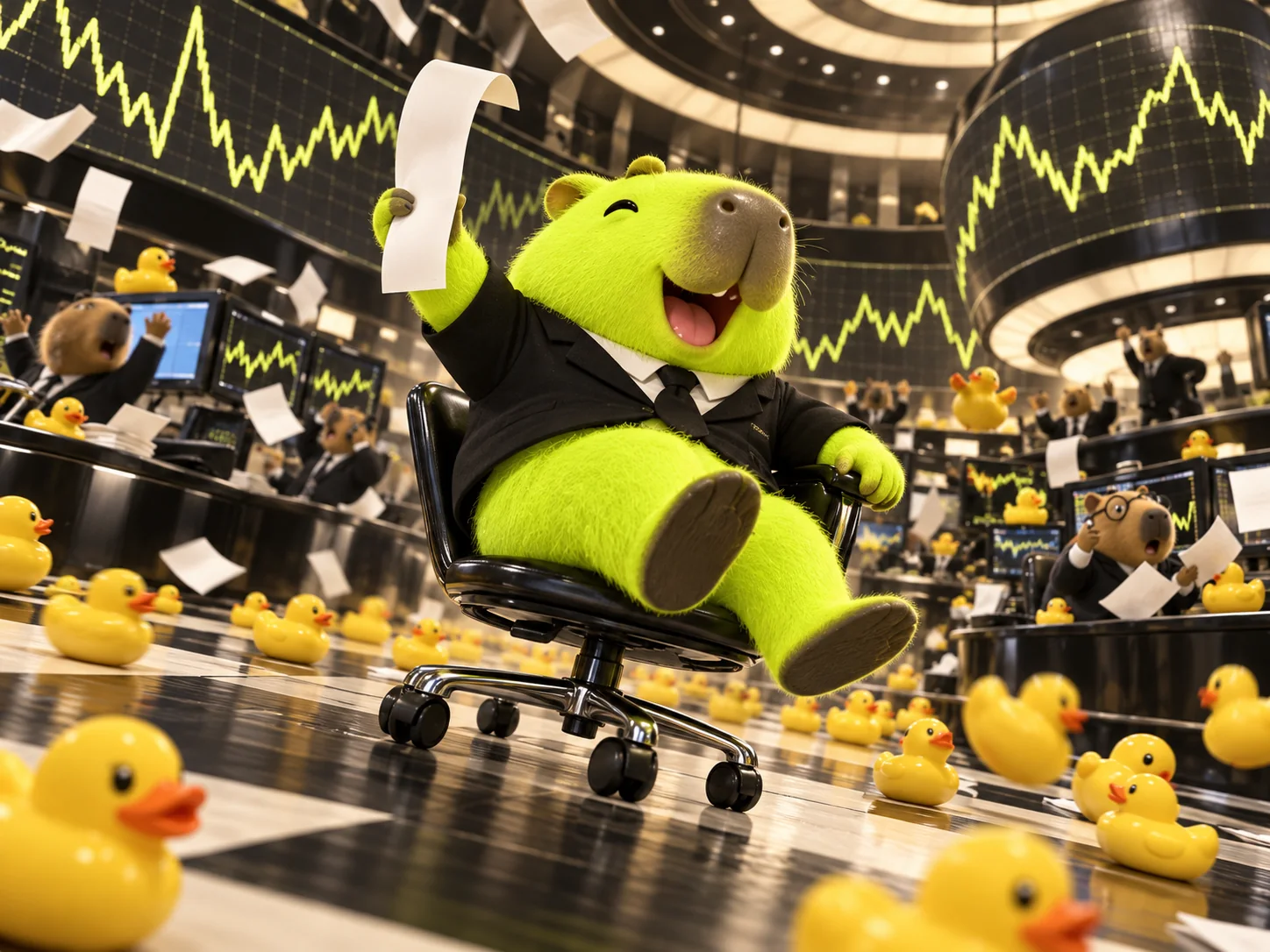 PIPKA causing harmless chaos on a surreal trading floor filled with rubber ducks