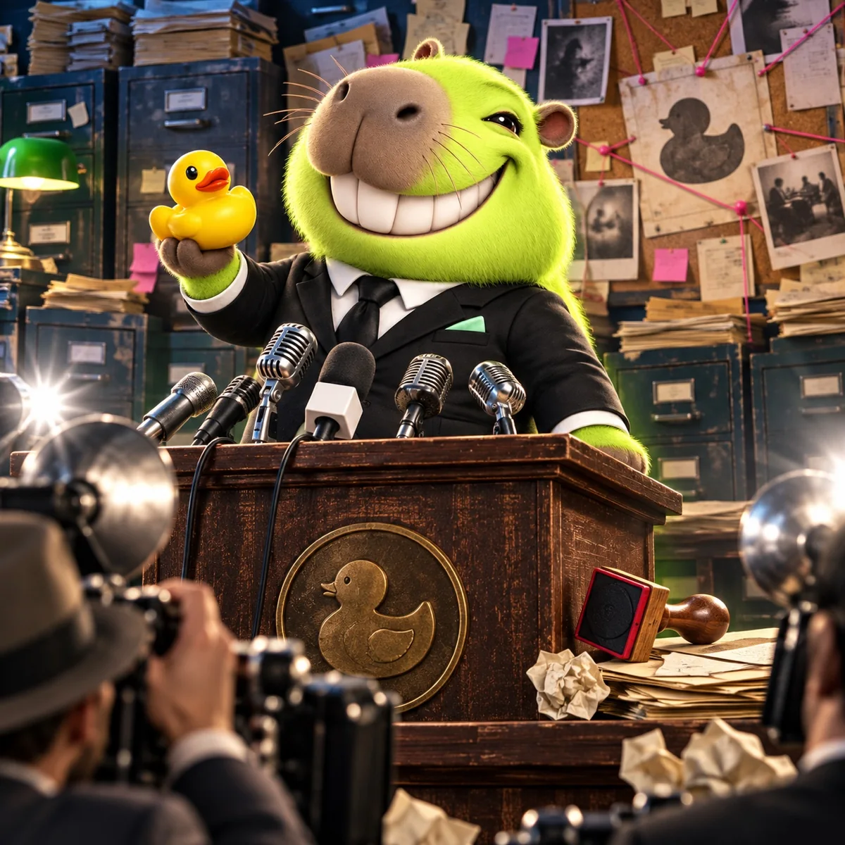 PIPKA presenting rubber-duck evidence at a playful press conference